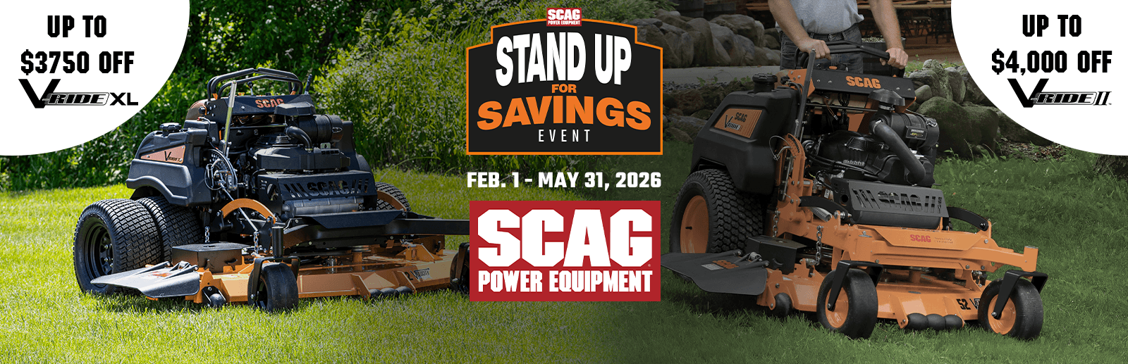 Commercial SCAG stand-on mower and Windstorm stand-on blower equipment available during the Stand Up for Savings event at Bentley Brothers